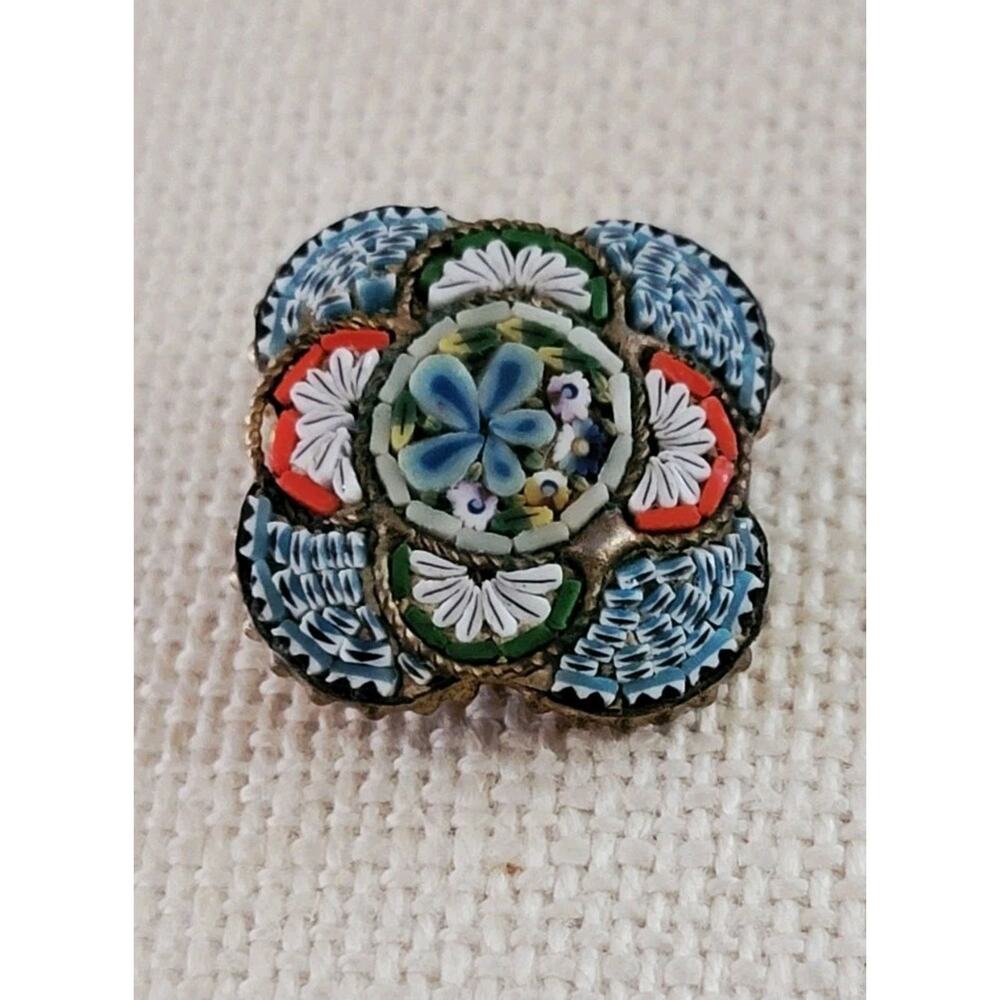 Vintage Italian Italy Colorful Floral Micro Mosaic Pin Brooch